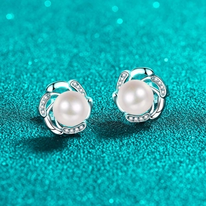 Floral S925 sterling silver pearl earrings with sparkling moissanite petal accents