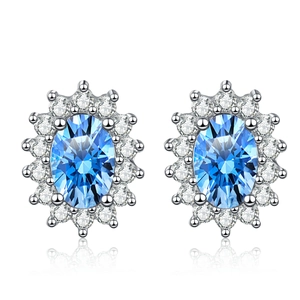Elegant S925 silver stud earrings with oval blue stone and white zircon halo setting
