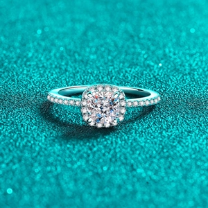 S925 sterling silver cushion-cut moissanite halo ring with micro-pave band accents