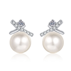 S925 silver cross earrings featuring luminous white pearls and sparkling moissanite accents