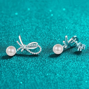 S925 silver bow stud earrings with sparkling moissanite and round white pearl drops