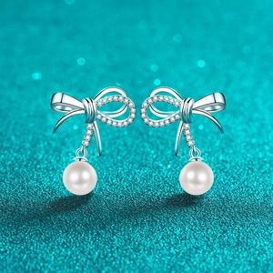 Elegant Bowknot Artificial Pearl Drop Earrings With Moissanite And 925 Sterling Silver Earring Post For Women Sweet Dainty Style