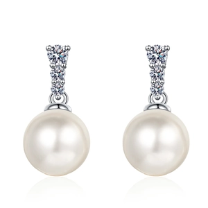 Elegant S925 silver pearl drop earrings with three brilliant-cut moissanite stones