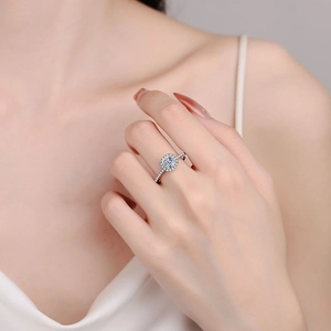 Luxurious S925 sterling silver square moissanite halo ring shown on model