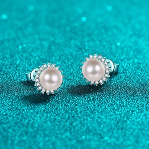 S925 sterling silver moissanite pearl stud earrings with sunflower halo on glitter background