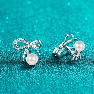 S925 Sterling Silver bow earrings with sparkling moissanite and round white pearls