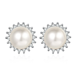 Elegant S925 sterling silver sunburst stud earrings with white pearls and sparkling zircons