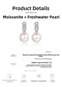 Detail of S925 silver infinity stud earrings with moissanite and 8-9mm freshwater pearl