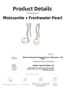 Detail showing S925 silver wave earrings with moissanite and freshwater pearls specs