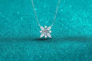 Détail du pendentif flocon en argent avec pierres moissanite sur fond de paillettes vertes