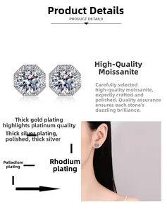 Detail of octagonal moissanite stud earring in silver with multi-layer plating
