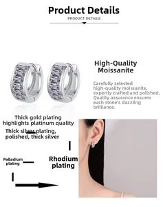 Close-up of S925 sterling silver earrings with rectangular-cut moissanite stones