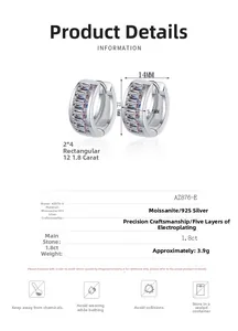 Detail view of 925 sterling silver rectangular moissanite earrings with technical specs