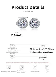Detail view of 2ct Moissanite stud earrings in 925 silver with octagonal halo design