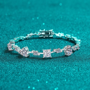 Bracelet de Luxe en Argent Sterling S925 avec Moissanite pour Femmes Coupe Irrégulière Cœur Princesse Carré Rond Bijoux Scintillants Chaîne de Main