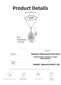 Detailed size chart for S925 silver pear-shaped moissanite pendant necklace with dimensions