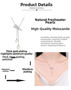 Detail of 925 silver bow pendant with moissanite pave and freshwater pearls tassels