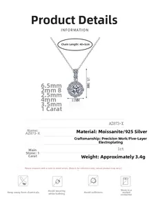 Vue détaillée du pendentif moissanite 1ct avec dimensions et matériaux en argent 925