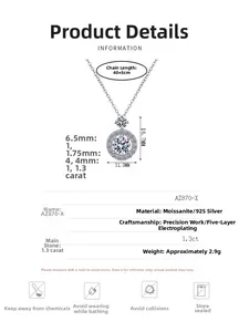 Spécifications du collier moissanite en argent 925 avec pierre 1,3ct et dimensions