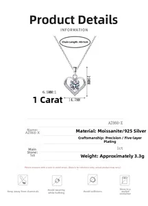 Detailed view of 925 silver heart necklace with 1ct moissanite and adjustable chain