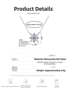 Détails du collier flocon de neige en argent S925 avec moissanite 0,5ct et dimensions