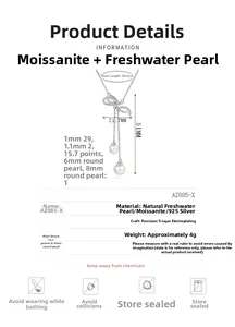 Detailed size chart for sterling silver bow necklace with freshwater pearls and moissanite