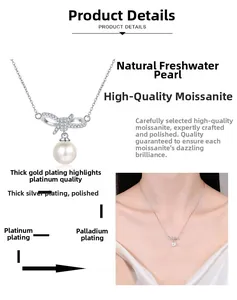 Macro detail of S925 silver bow pendant with moissanite and natural freshwater pearl