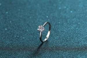 Détail du poinçon S925 et moissanite scintillante sur bague fine en argent