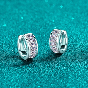 S925 sterling silver hoop earrings with rectangular moissanite set on blue glitter