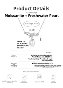 Detail showing S925 silver bow pendant with 8mm freshwater pearl and moissanite stone