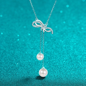 925 Sterling Silver Moissanite Freshwater Pearl Necklace Elegant Bowknot Tassel Pendant Choker Fashion Jewelry For Women