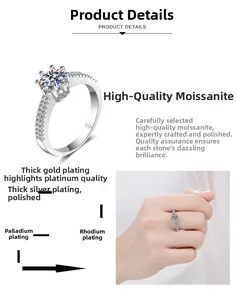 Detail of S925 silver moissanite ring showing six-prong setting and multi-layer plating