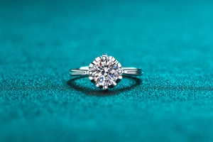 Macro view of S925 sterling silver ring with moissanite in a floral six-prong setting