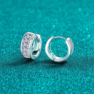 Elegant S925 sterling silver hoop earrings with rectangular moissanite stones on teal background