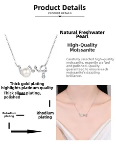Detailed view of S925 silver LOVE necklace with freshwater pearl and moissanite accents
