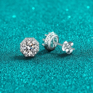Elegant S925 sterling silver octagonal halo stud earrings with round moissanite stones