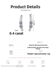 Detailed dimensions of silver rabbit ear studs with 0.4ct moissanite stones