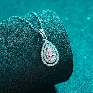 Luxurious S925 silver pear-shaped moissanite pendant necklace with double halo diamonds