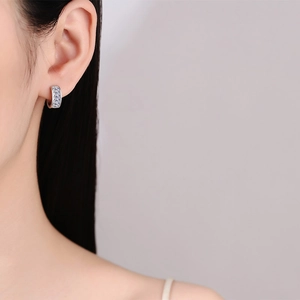 S925 sterling silver huggie earrings with rectangular blue and clear moissanite stones
