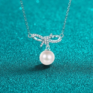 925 Sterling Silver Bowknot Moissanite Freshwater Pearl Pendant Necklace For Women Elegant Sweet Fine Jewelry Wedding Party Gift