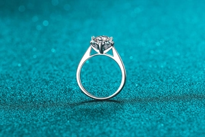 Detailed macro of S925 sterling silver ring featuring a six-prong heart-shaped flower setting