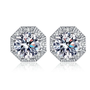 Octagon moissanite stud earrings in S925 silver with halo design and round center stone