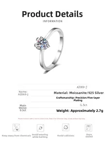 Macro d'une bague en argent et moissanite 0,5ct avec spécifications techniques détaillées