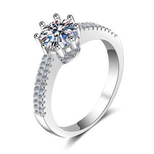 Elegant S925 sterling silver crown ring with six-prong moissanite and side stones