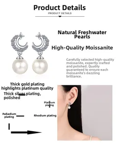Detail showing moon and star silver earrings with natural pearls and moissanite inlay