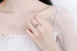 Close-up of a S925 sterling silver heart-shaped moissanite ring worn on a finger