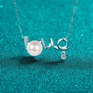 925 Sterling Silver Freshwater Pearl Moissanite Necklace LOVE Letter Pendant For Women Elegant Commute Jewelry Gift