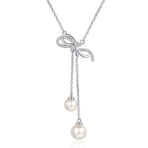 S925 silver necklace with moissanite bow pendant and elegant hanging pearls