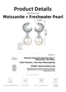 Detailed size chart for S925 silver star and moon earrings with pearl and moissanite