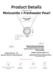 Detail showing dimensions of S925 silver pearl and moissanite pendant necklace